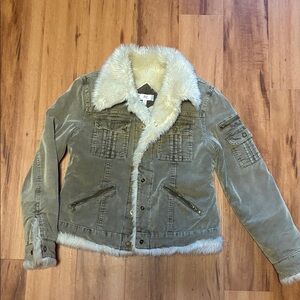 Jennifer Lopez Olive Corduroy Jacket with Faux Fur Trim, Warm! Sz Med